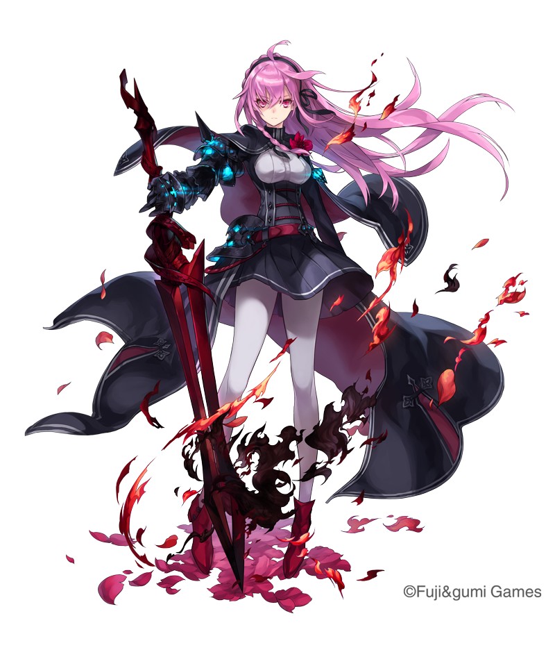 1girl, armor, belt, breasts, cape, company_name, dark_persona, female_focus, fire, flower, full_body, gauntlets, glowing, hair_ribbon, kii_(mahoraba), leggings, long_hair, official_art, pantyhose, phantom_of_the_kill, pink_eyes, pink_hair, red_flower, ribbon, shoes, shoulder_spikes, solo, spikes, sword, tyrfing_(phantom_of_the_kill), waist_cape, weapon