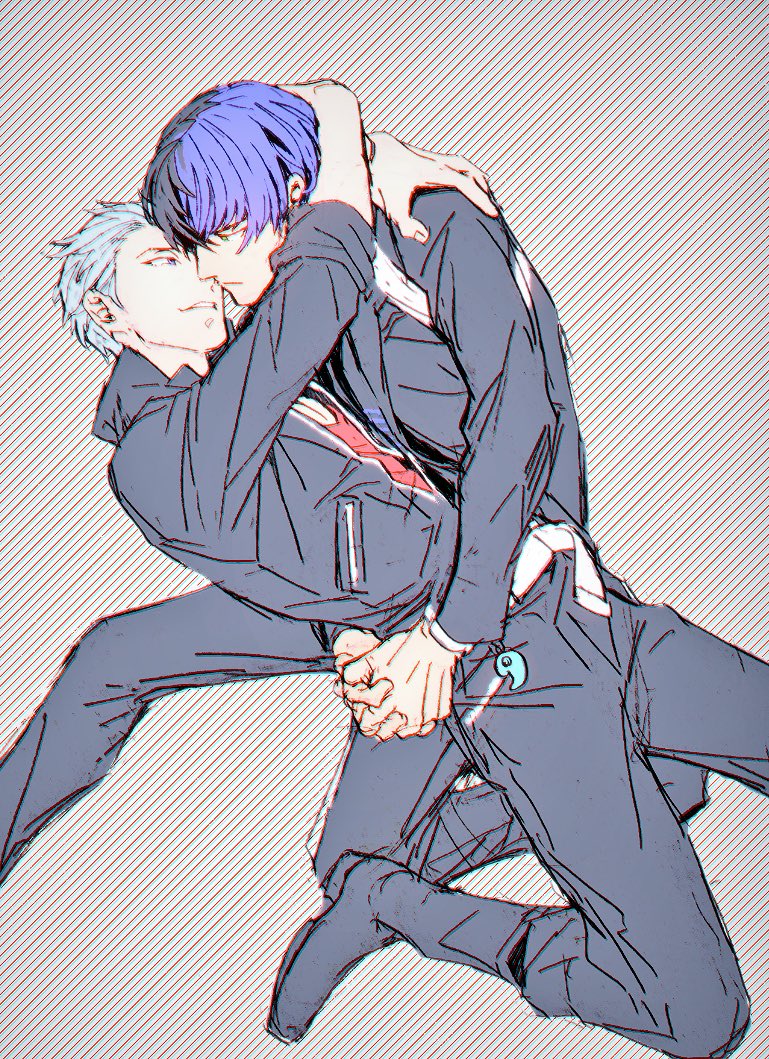 10s, 2boys, arms_around_neck, belt, black_hair, blue_eyes, blue_hair, bnjgm., boots, eyelashes, green_eyes, hair_slicked_back, idolmaster, idolmaster_side-m, imminent_kiss, jumpsuit, kuzunoha_amehiko, magatama, male_focus, mimasaka_takeshi, multicolored_hair, multiple_boys, patterned_background, smile, striped_background, unzipped, waist_hold, yaoi