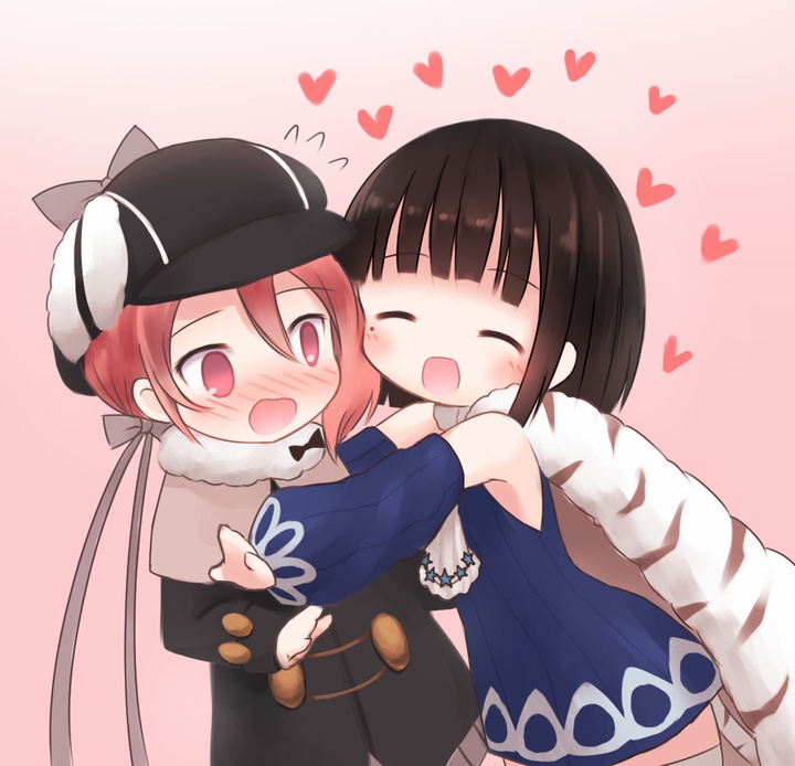 10s, 2girls, akeyama, black_hair, blush, cheek-to-cheek, chibi, detec_bell, detective, detick_bell, happy, hat, heads_together, heart, lapis_lazuline, mahou_shoujo_ikusei_keikaku, mahou_shoujo_ikusei_keikaku_restart, multiple_girls, pink_hair, short_hair, smile, yuri