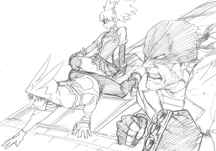 10s, 1girl, 2boys, all_fours, bandana, boku_no_hero_academia, brass_knuckles, clenched_teeth