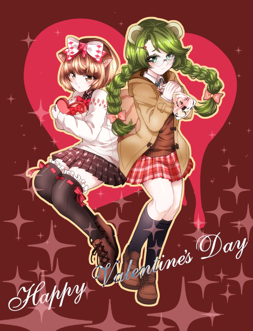 >:t, 10s, 2girls, :t, animal_ears, aqua_eyes, aqua_necktie, bag