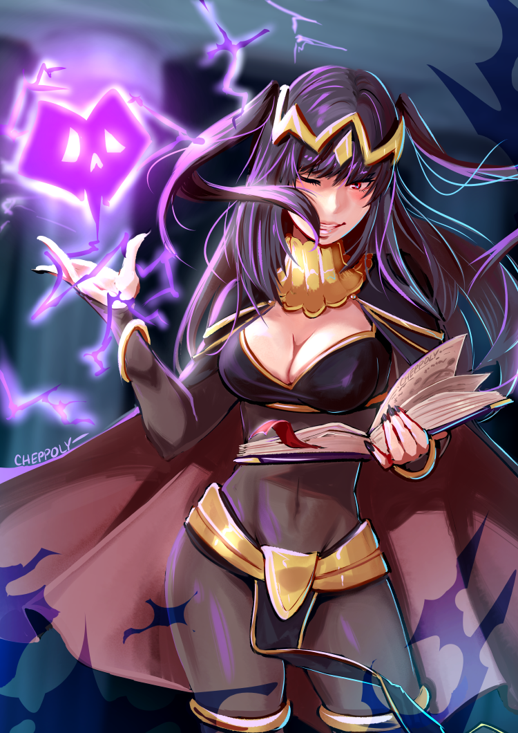 1girl, black_hair, book, cape, cheppo, cleavage_cutout, clothing_cutout, colorized, female_focus, fire_emblem, fire_emblem_awakening, hair_ornament, holding, holding_book, magic, nintendo, one_eye_closed, smile, solo, tharja_(fire_emblem)