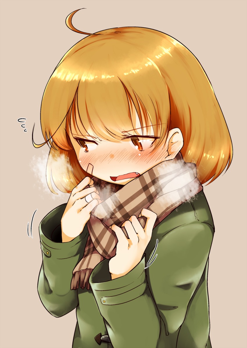 10s, 1girl, alternate_costume, bandaid, bandaid_on_face, blush, breath, brown_eyes, brown_hair, brown_scarf, commentary_request, fang, female_focus, flying_sweatdrops, green_jacket, highres, jacket, kantai_collection, long_sleeves, nassukun, oboro_(kancolle), oboro_(valentine)_(kancolle), open_mouth, scarf, short_hair, solo