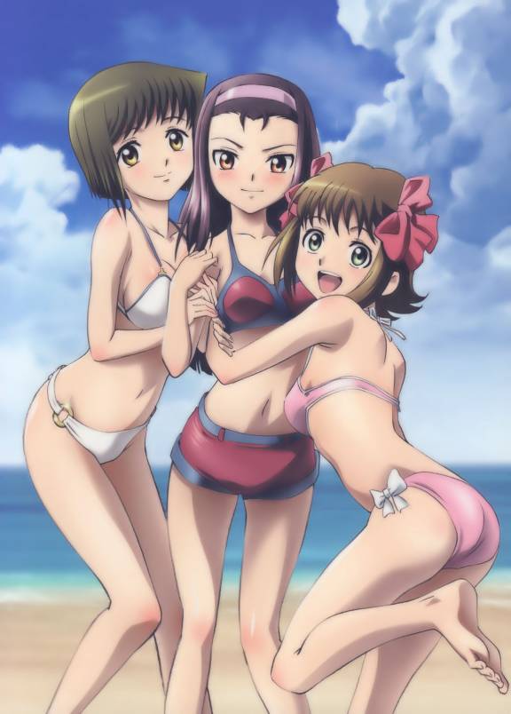 00s, 3girls, amami_haruka, amami_haruka_(idolmaster_xenoglossia), ass, barefoot, beach, bikini, blush, breasts, brown_hair, cloud, day, feet, hagiwara_yukiho, hagiwara_yukiho_(idolmaster_xenoglossia), hairband, horizon, idolmaster, idolmaster_xenoglossia, legs, long_hair, looking_at_viewer, medium_breasts, minase_iori, minase_iori_(idolmaster_xenoglossia), multiple_girls, navel, open_mouth, outdoors, pink_bikini, purple_hair, red_bikini, sand, short_hair, sky, swimsuit, water, white_bikini