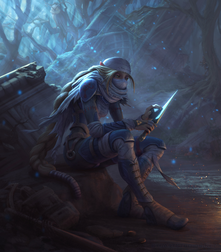 1girl, bird, blonde_hair, braid, embers, female_focus, highres, kunai, long_hair, moonlight, night, nintendo, owl, pointy_ears, ruins, scarf, sharpening, sheik, sitting, solo, stuart_harrington, the_legend_of_zelda, the_legend_of_zelda:_ocarina_of_time, tree, tree_stump, turban, very_long_hair, weapon