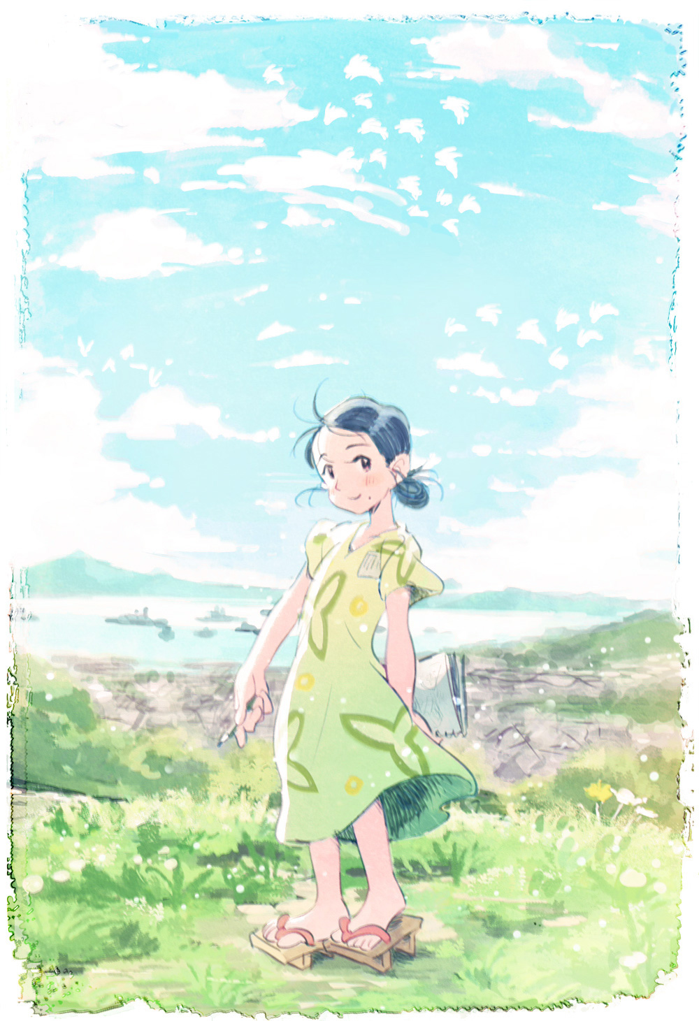 1girl, bad_id, bad_pixiv_id, black_hair, border, cloud, day, dress