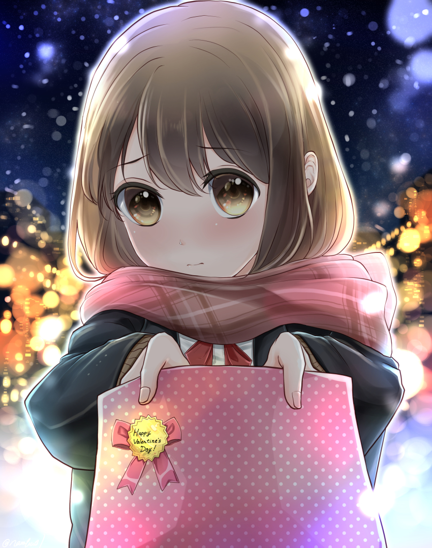 1girl, 3:, absurdres, blazer, blurry, blush, bokeh, brown_eyes