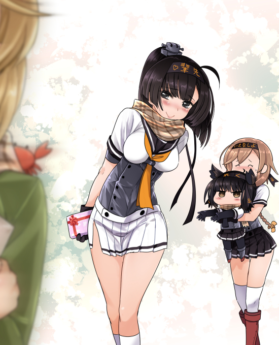 10s, 4girls, :>, ^_^, ahoge, akizuki_(kancolle), animal, animal_on_shoulder