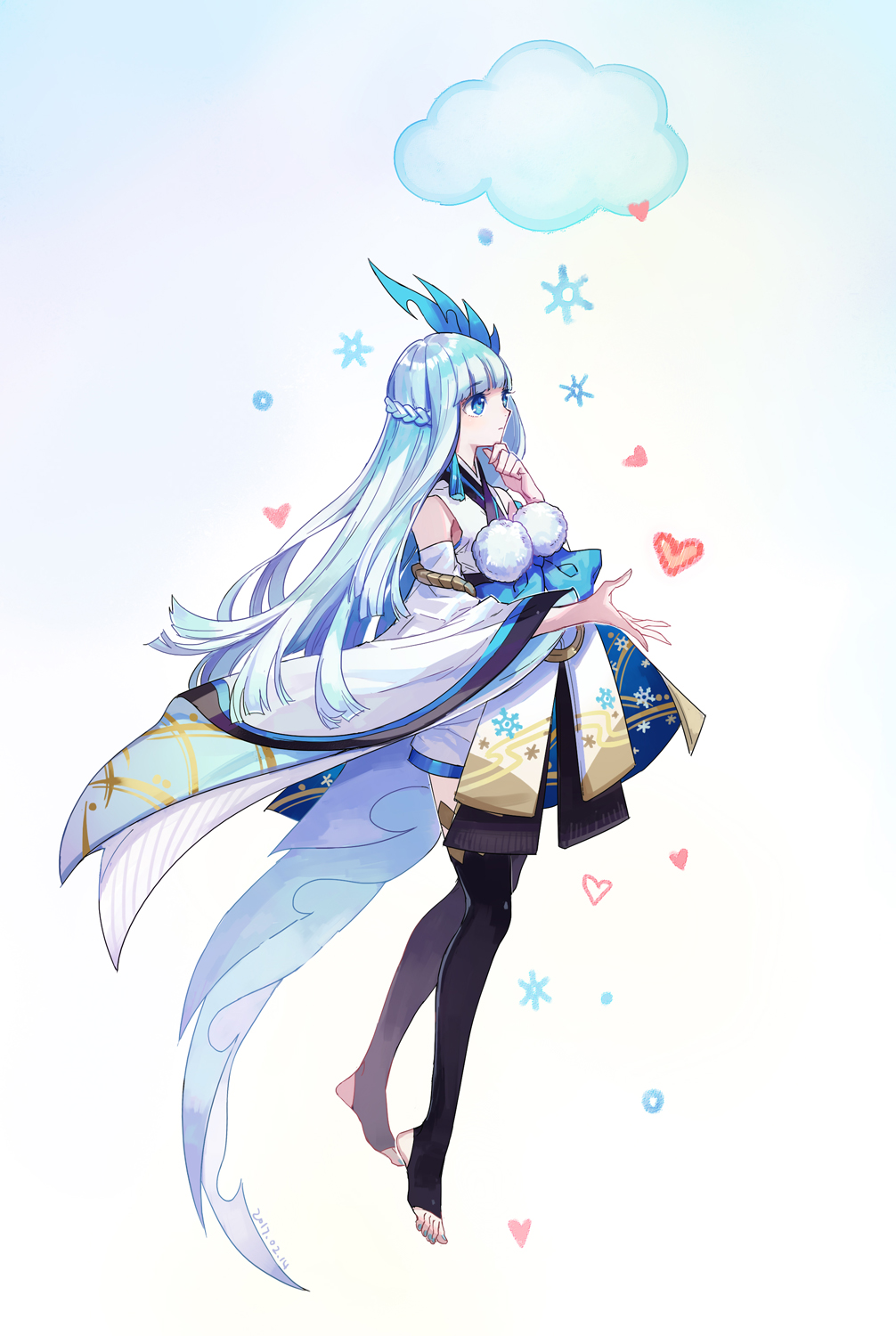 1girl, 2017, bare_shoulders, black_thighhighs, blue_eyes, blue_hair, blue_nails, blunt_bangs