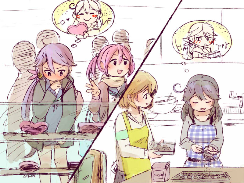 10s, 4girls, ahoge, akebono_(kancolle), akebono_(valentine)_(kancolle), apron, bag, baking_sheet