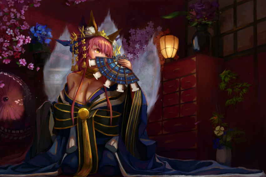 10s, 1girl, animal_ears, bow, breasts, cleavage, covered_mouth, detached_sleeves