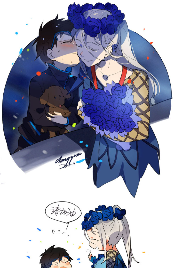 >_<, 10s, 2boys, aged_down, black_hair, blue-framed_eyewear, blue_flower, blue_rose, blush, bouquet, child, chinese_text, closed_eyes, dog, flower, glasses, head_wreath, katsuki_yuuri, kiss, kissing_cheek, male_focus, multiple_boys, open_mouth, ponytail, rose, silver_hair, smile, translated, vicchan, viktor_nikiforov, wavy_mouth, yanzhan, yaoi, yuri!!!_on_ice