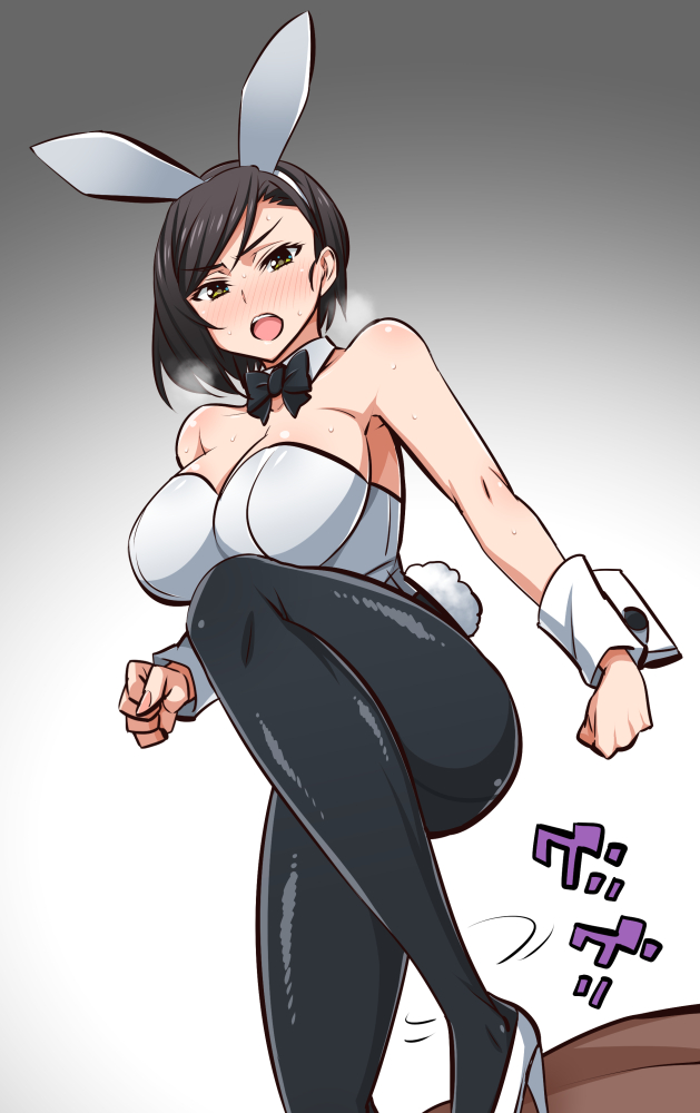 1girl, active_raid, angry, animal_ears, bare_shoulders, black_hair, blush, breasts, choker, cleavage, fake_animal_ears, gabao_(mattari_2019), green_eyes, high_heels, large_breasts, looking_at_viewer, ooshikouchi_miho, open_mouth, pantyhose, playboy_bunny, rabbit_ears, rabbit_tail, ribbon, shoes, short_hair, stepped_on, tail, trampling