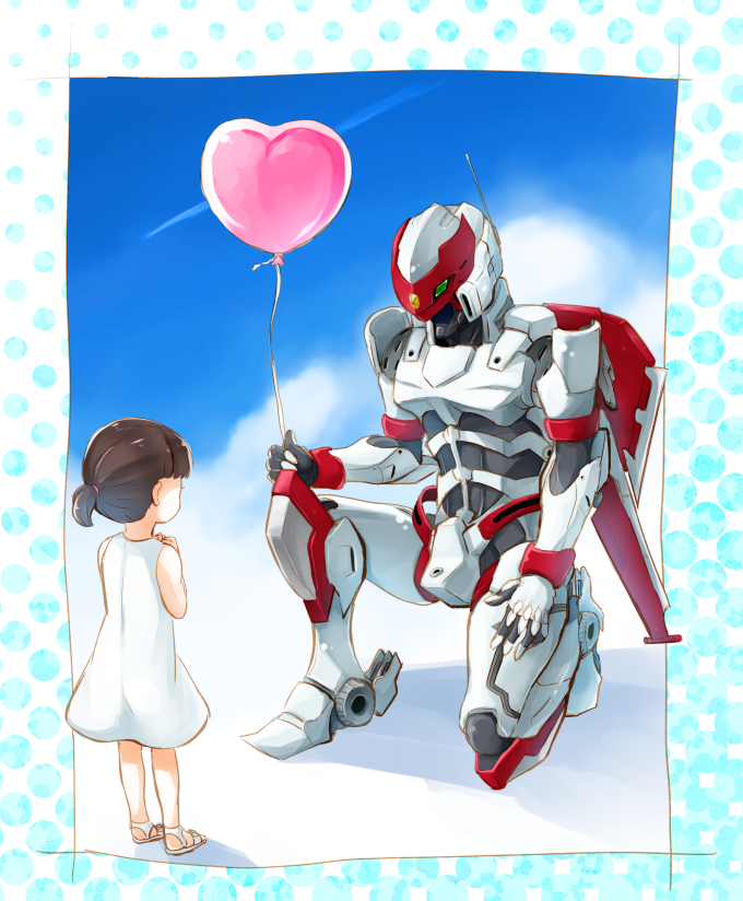 1boy, 1girl, active_raid, armor, balloon, bare_shoulders, black_hair, dress