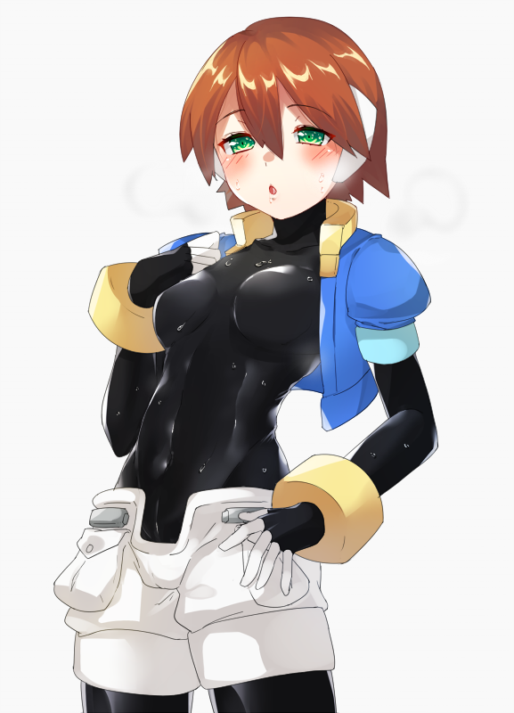 1girl, aile_(mega_man_zx), bodysuit, brown_hair, cameltoe, female_focus, gloves, green_eyes