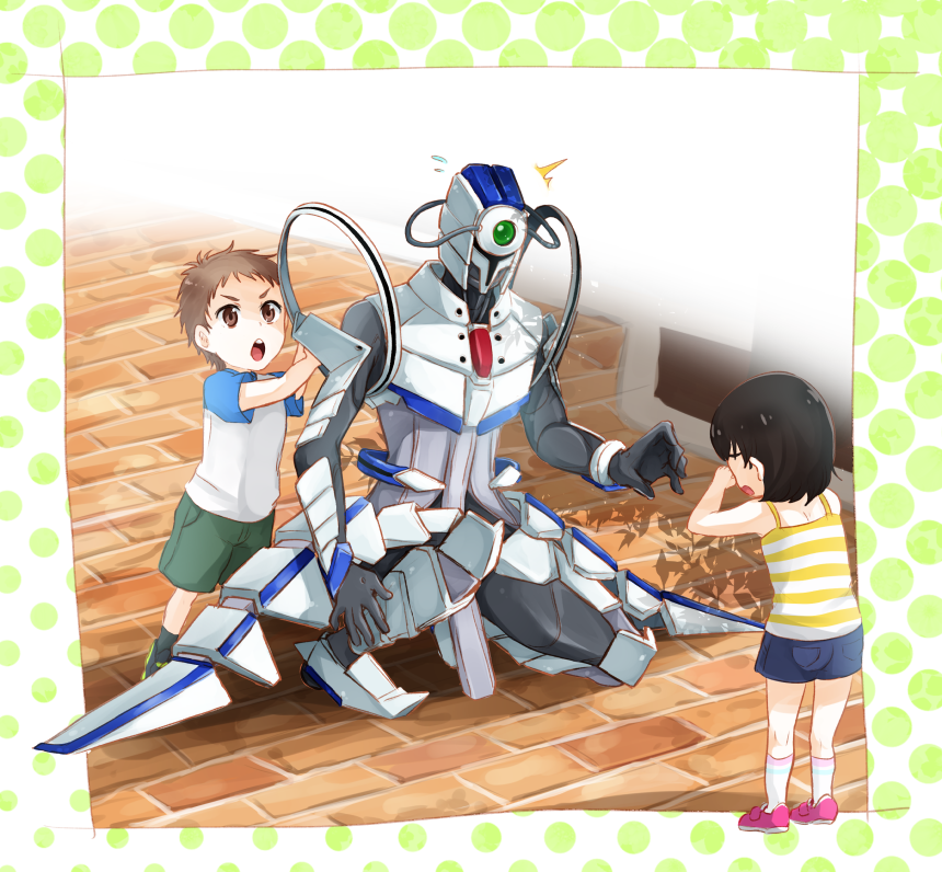 active_raid, armor, bare_shoulders, black_hair, brown_eyes, brown_hair, helmet, open_mouth