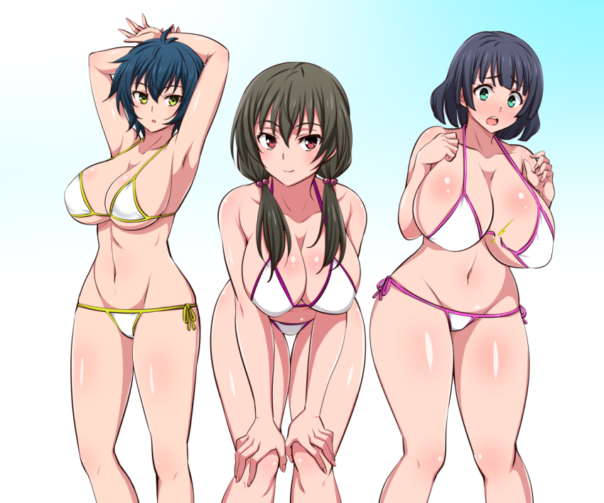 3girls, active_raid, armpits, arms_up, bare_shoulders, bikini, black_hair, blue_eyes, blue_hair, blush, breasts, cleavage, green_eyes, grey_hair, hair_ornament, hands_on_own_knees, huge_breasts, large_breasts, long_hair, looking_at_viewer, lowleg, lowleg_bikini, lowleg_swimsuit, micro_bikini, midriff, miyoshi_kanna, multiple_girls, navel, open_mouth, pink_eyes, ribbon, shimazakura_yuyuko, short_hair, smile, swimsuit, tomigusuku_aki, twintails, underboob