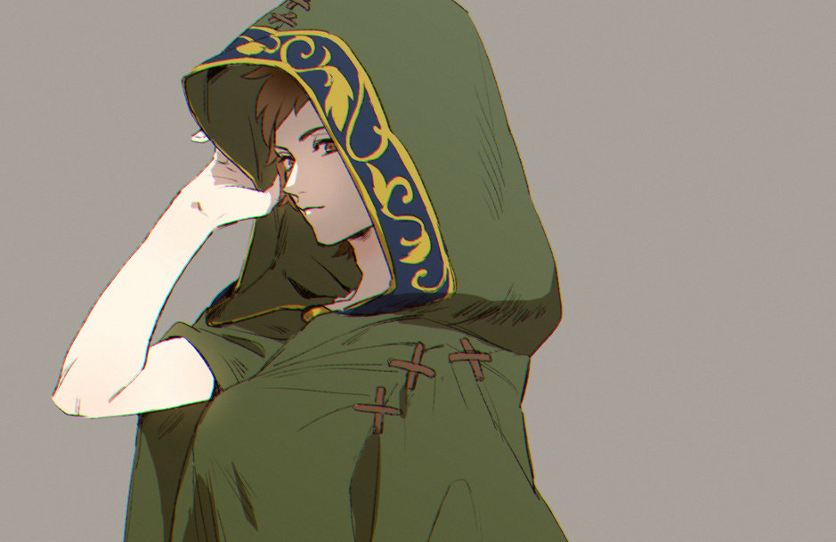 10s, 1boy, adjusting_clothes, brown_eyes, brown_hair, cloak, closed_mouth, gran_(granblue_fantasy)