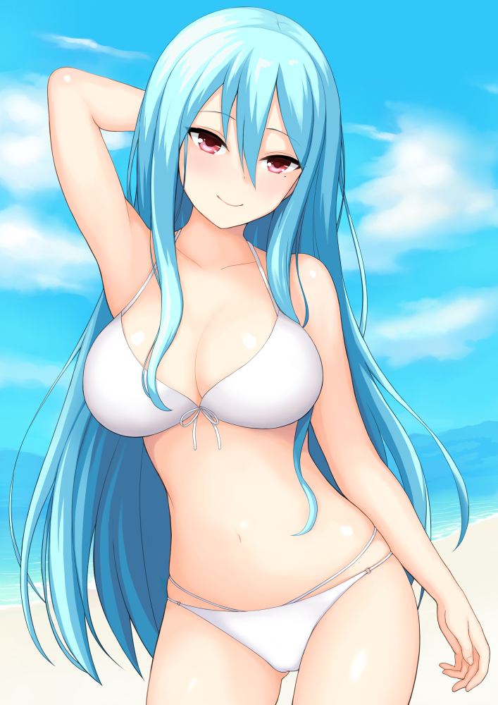 1girl, arm_behind_head, armpits, asahashi_tsuyu, bad_id, bad_pixiv_id, beach, bikini, blue_hair, blush, breasts, cleavage, cloud, contrapposto, cowboy_shot, day, female_focus, front-tie_top, girlfriend_(kari), hair_between_eyes, kayashima_otome, large_breasts, long_hair, looking_at_viewer, medium_breasts, mole, mole_under_eye, navel, ocean, outdoors, red_eyes, shiny_skin, skindentation, sky, smile, solo, standing, swimsuit, white_bikini