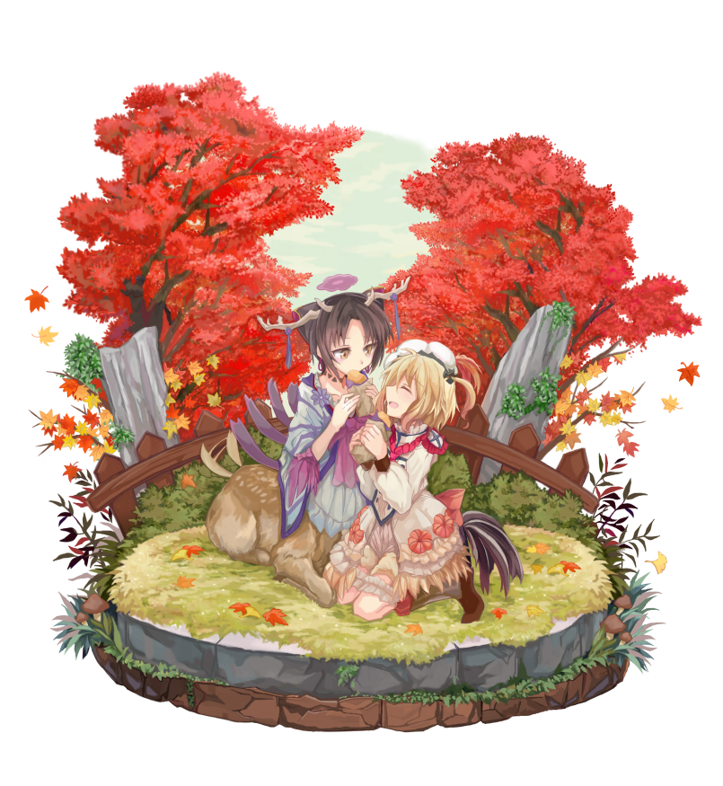 10s, 2girls, antlers, autumn, bad_id, bad_twitter_id, centaur, clantail