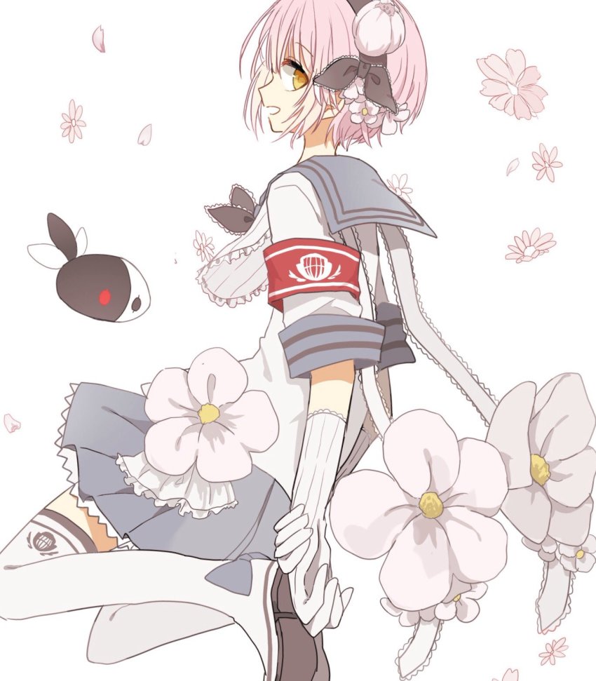 10s, 1girl, arms_behind_back, fav_(mahoiku), female_focus, flower, highres, mahou_shoujo_ikusei_keikaku, orange_eyes, pink_hair, short_hair, smile, snow_white_(mahoiku), solo, yun68591434