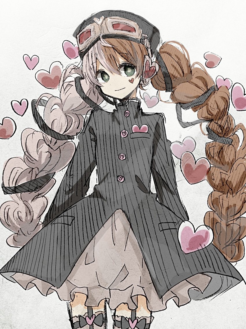 10s, 1girl, 7753, braid, female_focus, gakuran, goggles, goggles_on_head, hat, heart, highres, mahou_shoujo_ikusei_keikaku, mahou_shoujo_ikusei_keikaku_limited, multicolored_hair, school_uniform, smile, solo, traditional_media, twin_braids, two-tone_hair, yun68591434