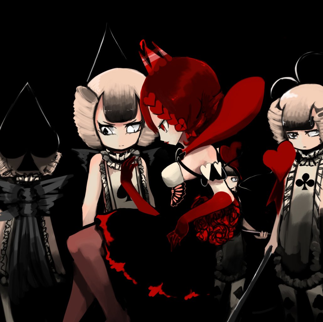 10s, 2girls, 4girls, black_background, club_(shape), coatifan, crown, dark