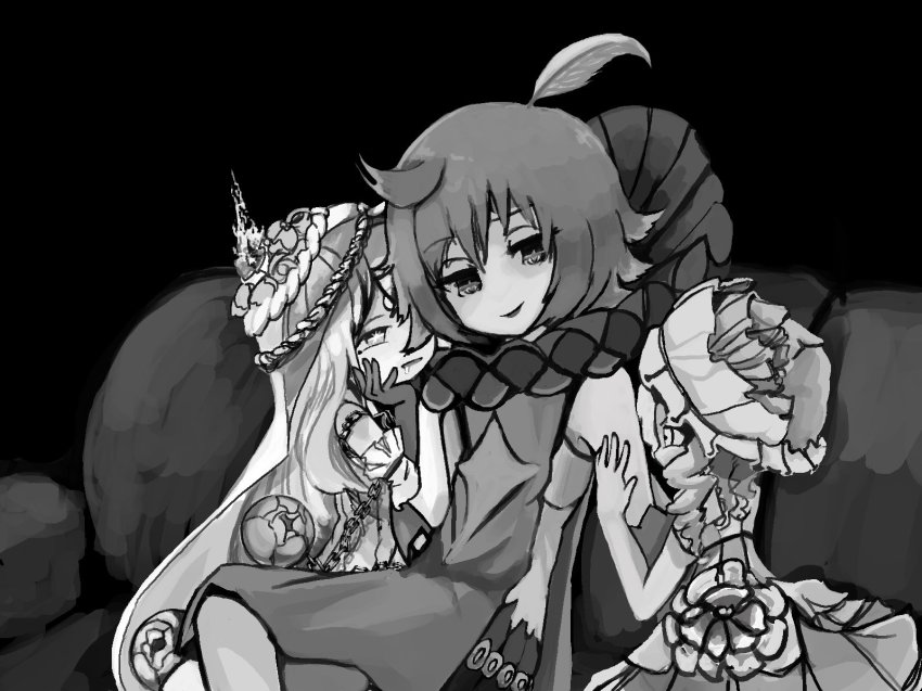 10s, 3girls, black_background, coatifan, couch, dress, drooling, girl_sandwich, greyscale, hand_on_another's_face, harem, highres, looking_at_viewer, magical_girl, mahou_shoujo_ikusei_keikaku, mahou_shoujo_ikusei_keikaku_limited, monochrome, multiple_girls, pukin, saliva, sandwiched, simple_background, sitting, smile, sonia_bean, wedin, yuri