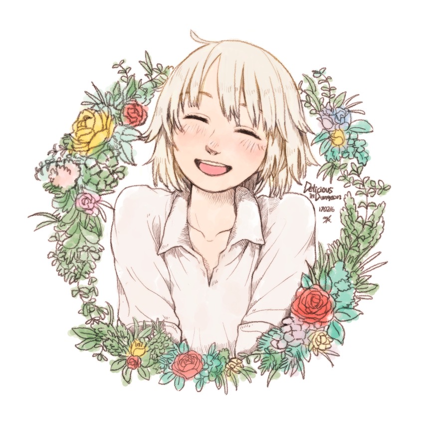 1girl, 2017, ^_^, ahoge, blush, closed_eyes, collarbone, collared_shirt