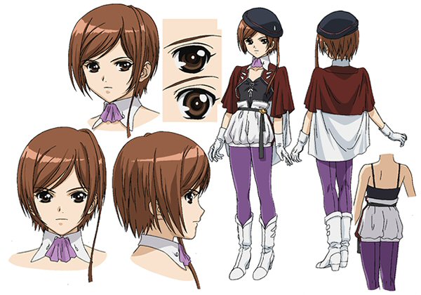 1girl, ascot, belt, brown_eyes, brown_hair, concept_art, expressionless, looking_at_viewer, lydia_(tytania), multiple_views, pantyhose, purple_pantyhose, skirt, standing, tytania, white_skirt
