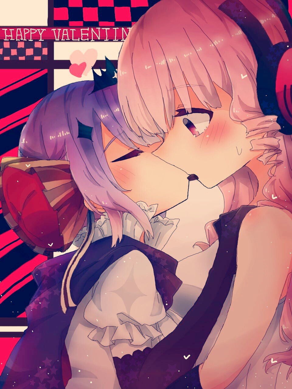 10s, 2girls, bad_id, bad_twitter_id, blush, chocolate, drill_hair, closed_eyes, gloves, hand_on_another's_shoulder, happy_valentine, headphones, highres, kiss, mahou_shoujo_ikusei_keikaku, mahou_shoujo_ikusei_keikaku_unmarked, md5_mismatch, momizi11005, multiple_girls, pink_eyes, pink_hair, purple_hair, ruler_(mahoiku), sharing_food, surprised, swim_swim, yuri