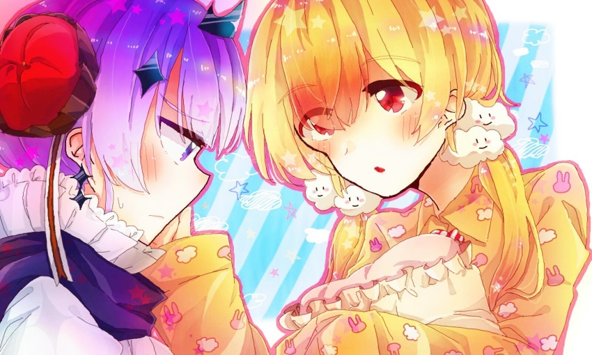 10s, 2girls, blonde_hair, blush, hand_on_another's_cheek, hand_on_another's_face, highres, mahou_shoujo_ikusei_keikaku