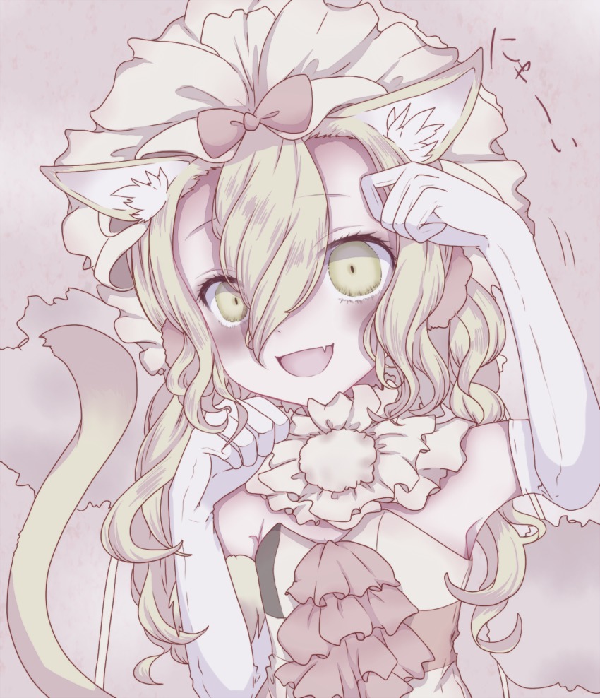 10s, 1girl, animal_ears, blonde_hair, cat_ears, cat_tail, elbow_gloves, fang