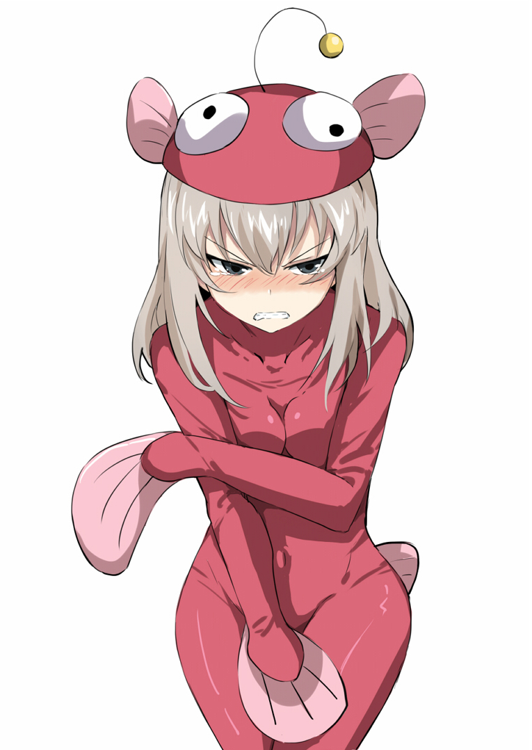 10s, 1girl, anglerfish_costume, angry, blue_eyes, blush, bodysuit, covering_breasts