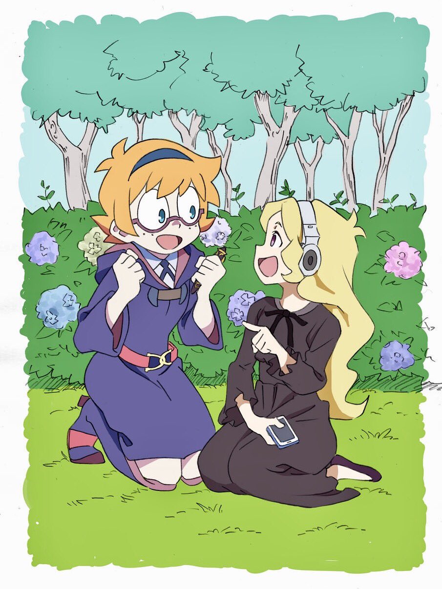 10s, 2girls, :d, anabel_creme, arai_hiroki, black_dress, black_footwear, blonde_hair, blue_eyes, blue_footwear, blue_ribbon, boots, brown_eyes, cellphone, cloak, collared_shirt, dress, flower, freckles, grass, hairband, headband, headphones, highres, hood, hooded_cloak, hydrangea, kneeling, little_witch_academia, long_hair, long_sleeves, looking_at_another, lotte_jansson, multiple_girls, neck_ribbon, open_mouth, orange_eyes, phone, pointing, ribbon, school_uniform, shirt, shoes, short_hair, sitting, smartphone, smile, tree