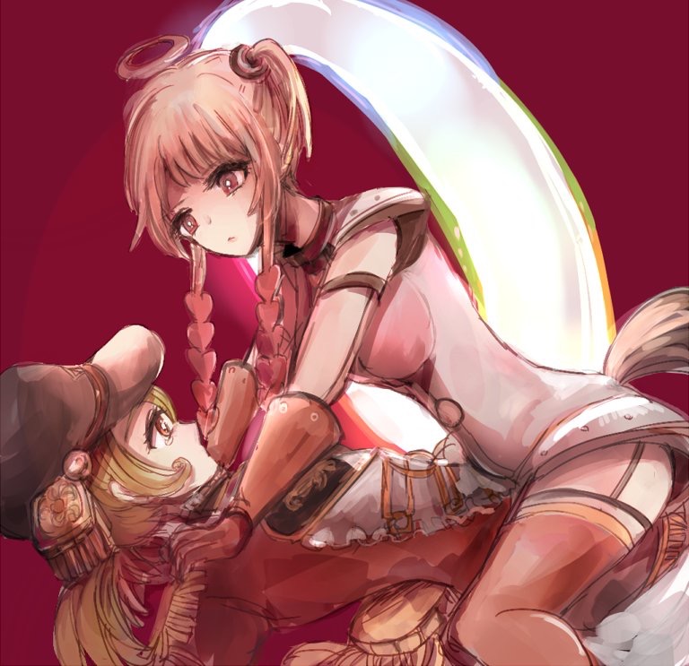 10s, 2girls, eye_contact, girl_on_top, halo, hat, looking_at_another, mahou_shoujo_ikusei_keikaku