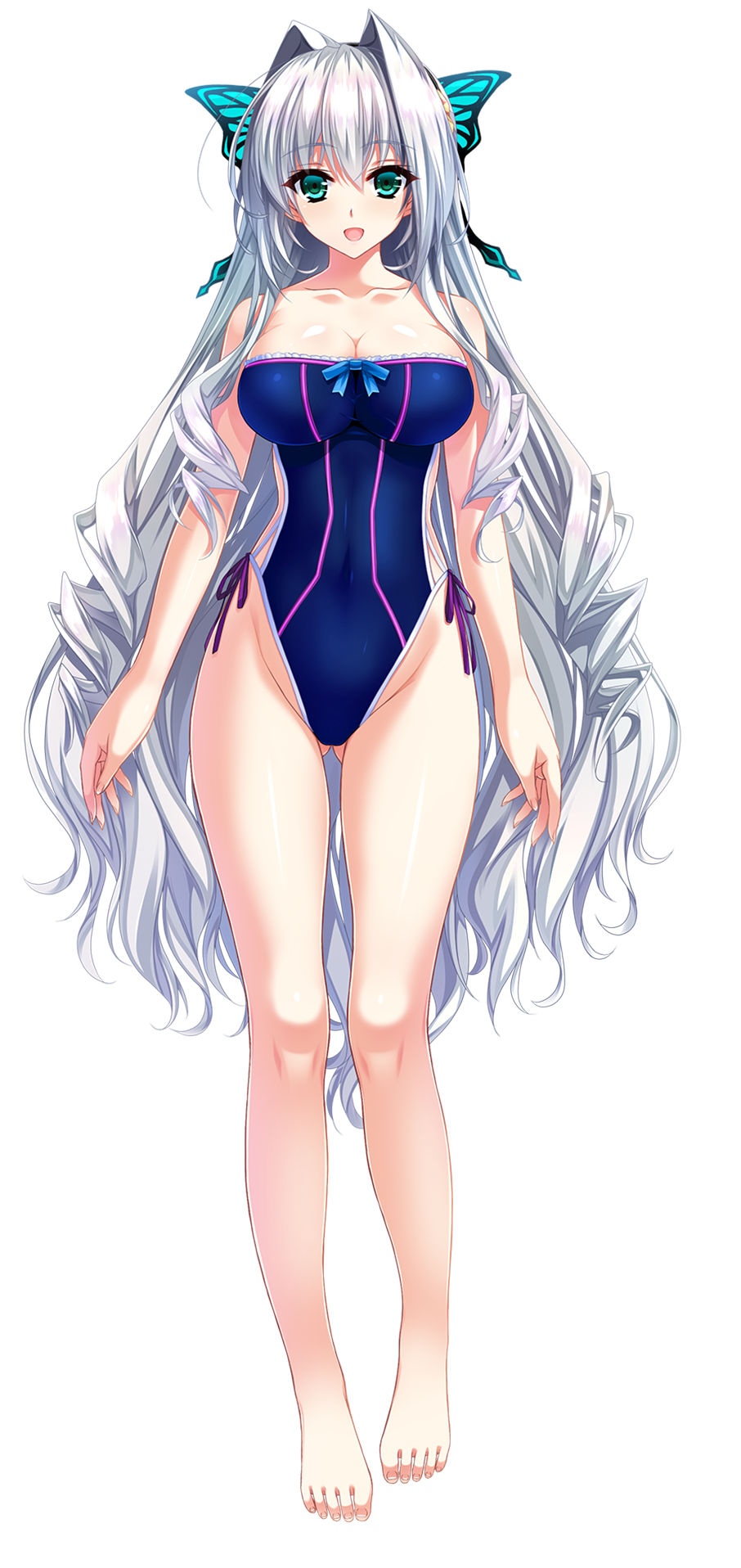 1girl, amasaka_takashi, aqua_eyes, bare_shoulders, barefoot, bow, breasts, cleavage