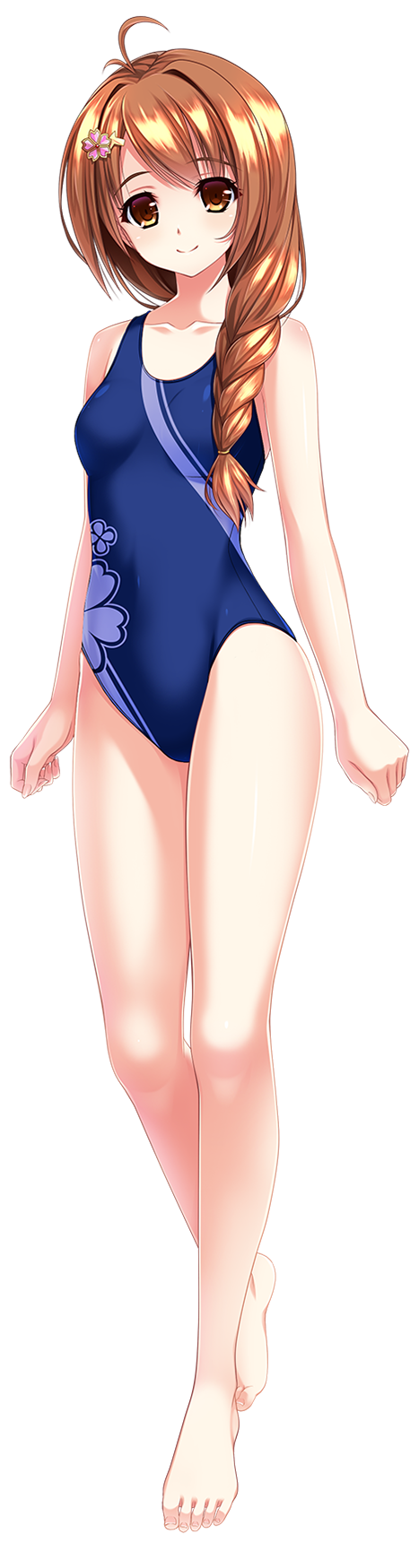 1girl, :3, antenna_hair, arms_at_sides, barefoot, braid, breasts, brown_eyes