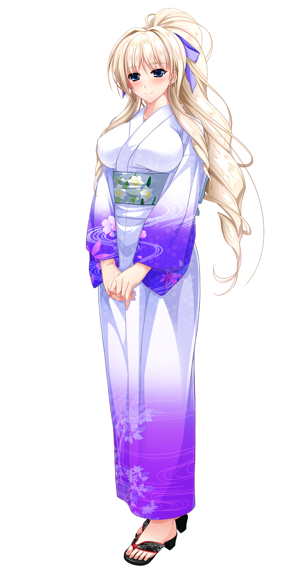 1girl, blonde_hair, blue_eyes, blush, breasts, earrings, female_focus, floral_print