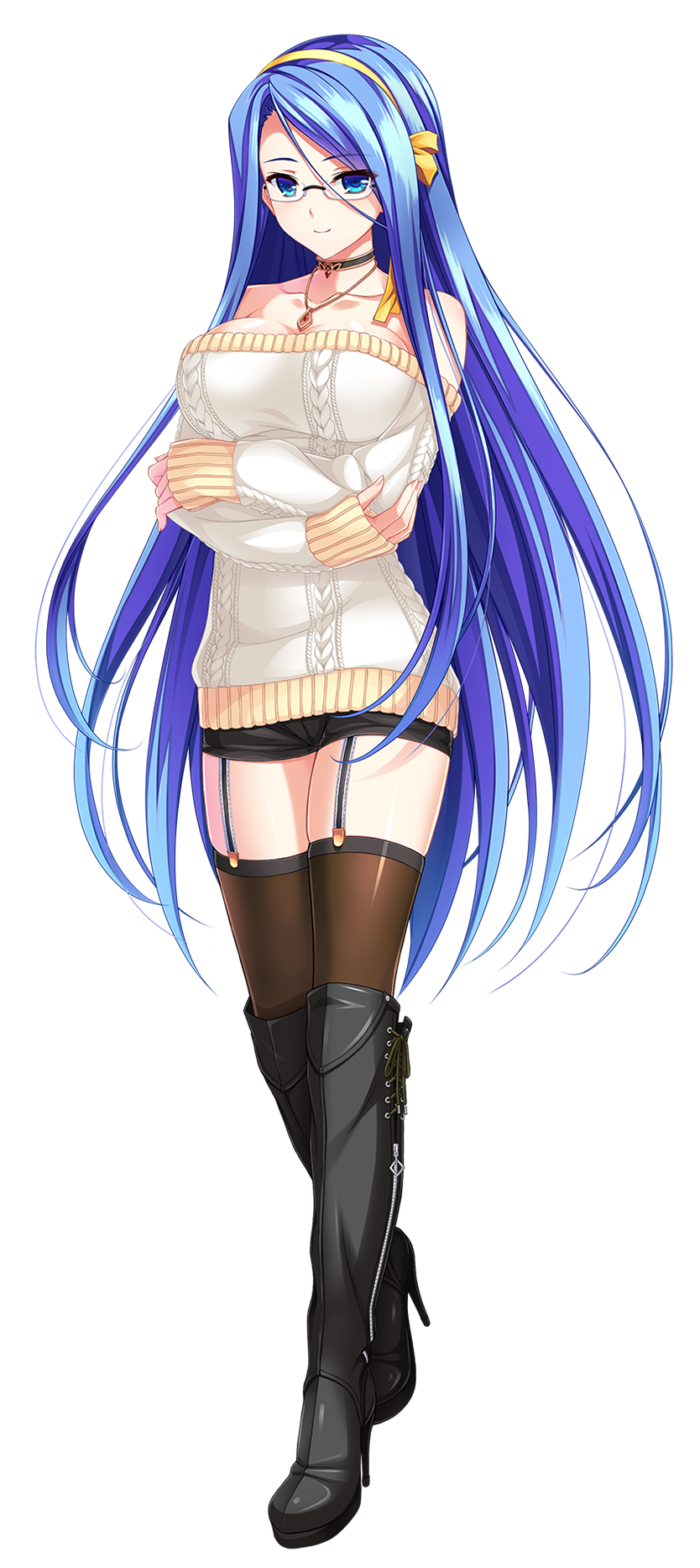 1girl, bare_shoulders, black_boots, black_thighhighs, blue_eyes, blue_hair, boots, celene_fieldes_mitsumine