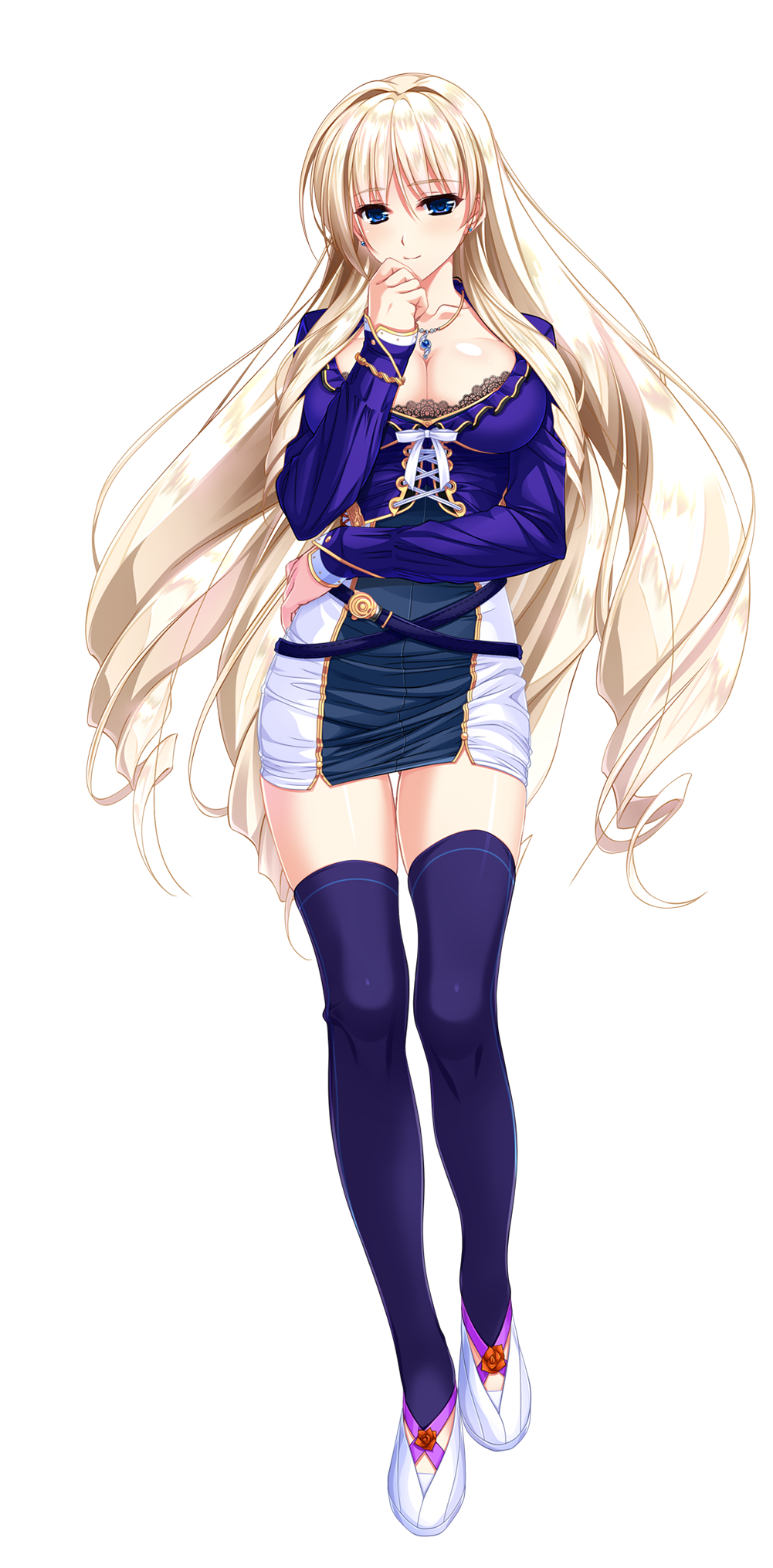 1girl, belt, blonde_hair, blue_eyes, blue_thighhighs, breasts, cleavage, crossed_arms