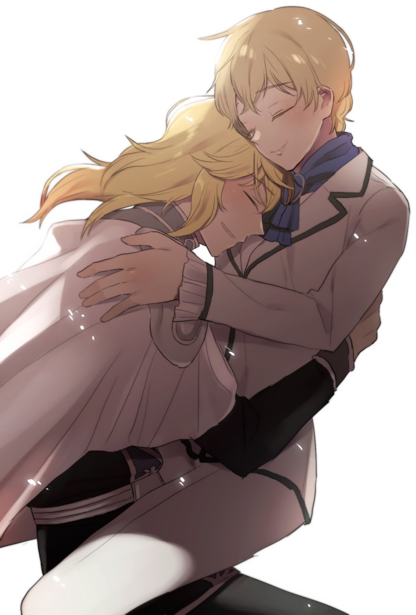 1boy, 1girl, blonde_hair, cape, closed_eyes, couple, ginga_eiyuu_densetsu, hetero, highres, hildegard_von_mariendorf, hug, long_hair, long_sleeves, military, military_uniform, posssico, reinhard_von_lohengramm, short_hair, smile