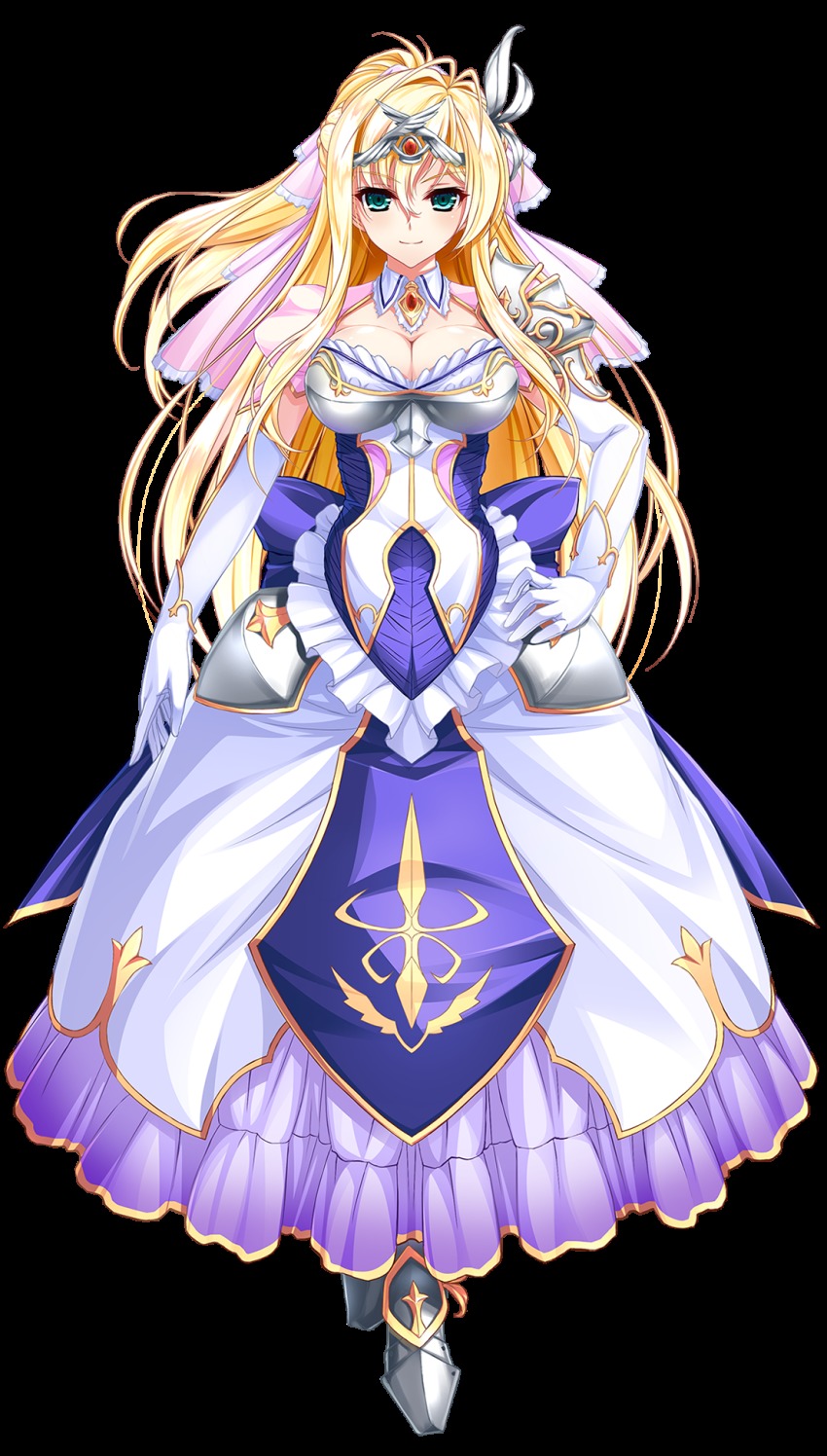 1girl, armor, armored_boots, armored_dress, blonde_hair, boots, breasts, cleavage, detached_collar, dress, elbow_gloves, female_focus, frills, full_body, gem, gloves, green_eyes, hair_ornament, highres, jewelry, large_breasts, long_hair, looking_at_viewer, official_art, smile, solo, tiara, transparent_background, unionism_quartet, very_long_hair, yurifina_sol_ereanoruto