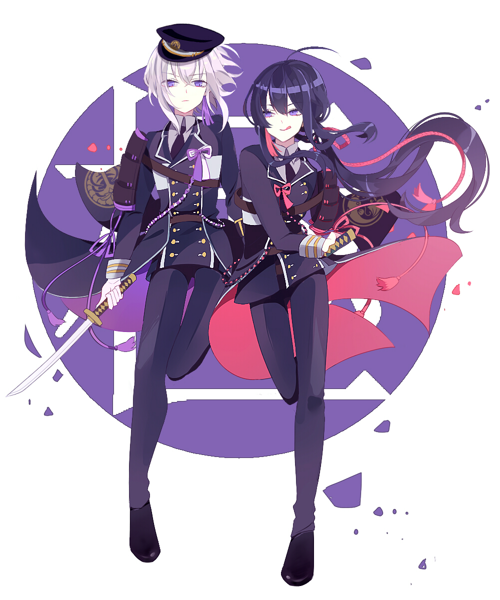 10s, 2333, 2boys, :q, ahoge, armor, black_hair, hat