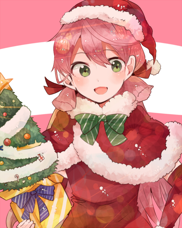 10s, 1girl, :d, akashi_(christmas)_(kancolle), akashi_(kancolle), blue_ribbon, capelet, christmas