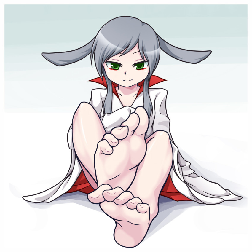 1girl, barefoot, bemani, feet, foot_focus, green_eyes, grey_hair, long_hair, looking_at_viewer, pop'n_music, pov, roki_(pop'n_music), sitting, smile, soles, toes