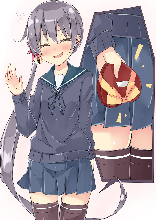 10s, 1girl, akebono_(kancolle), akebono_(valentine)_(kancolle), arm_behind_back, bell, beritabo, black_thighhighs