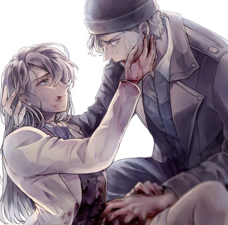 1boy, 1girl, akai_shuuichi, bad_id, bad_pixiv_id, beanie, blood, blood_on_face, blood_on_hands, collared_shirt, commentary, earrings, hand_on_another's_cheek, hand_on_another's_face, hat, jacket, jewelry, long_hair, looking_at_another, meitantei_conan, miyano_akemi, momozono_rilulu, pearl_earrings, shirt, sitting, white_background