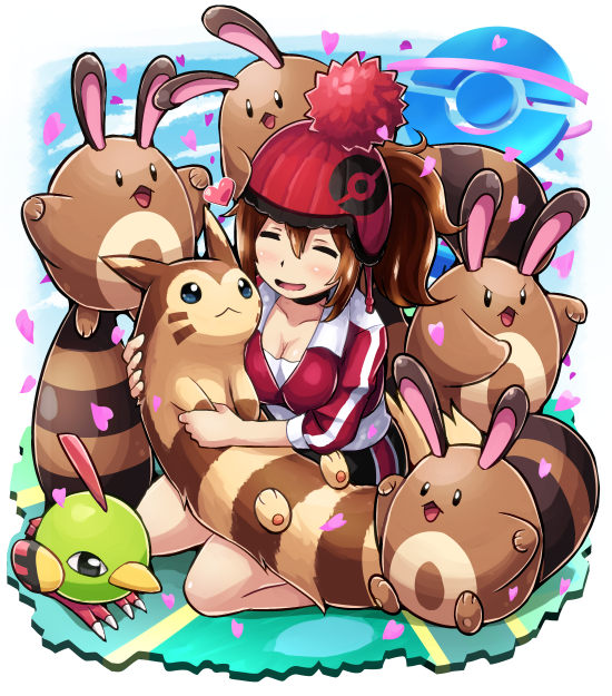 1girl, beanie, breasts, brown_hair, cherry_blossoms, cleavage, closed_eyes, female_protagonist_(pokemon_go)