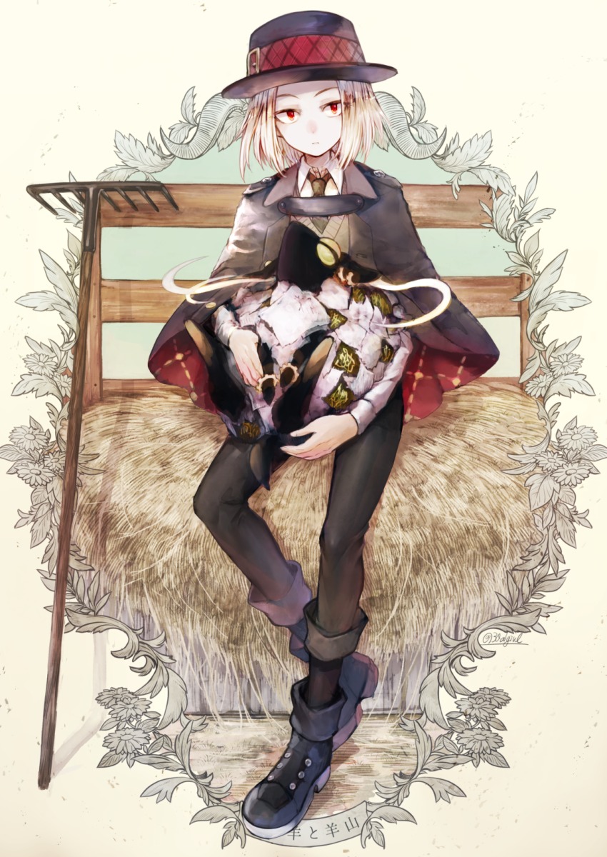 1boy, animal, black_footwear, black_necktie, black_pants, bungou_to_alchemist, bungou_to_arukemisuto, drinking_straw